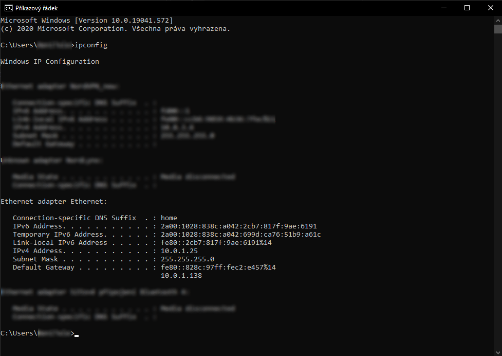 Výstup příkazu ipconfig